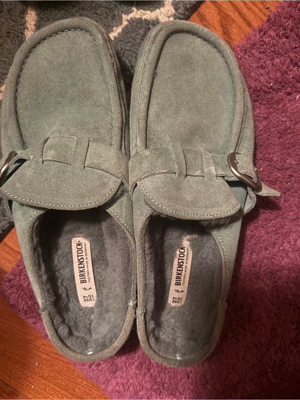 Birkenstock Olive Green Suede Shearling Clogs